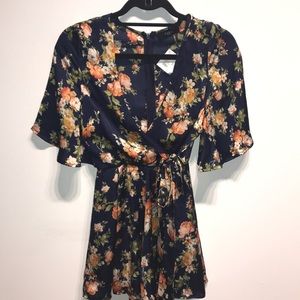 Blue and orange floral print romper S